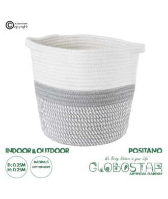 GloboStar® Artificial Garden POSITANO 20319 Διακοσμητικό Πλεκτό Καλάθι - Κασπώ Γλάστρα - Flower Pot Γκρι με Λευκό Φ25cm x Υ25cm